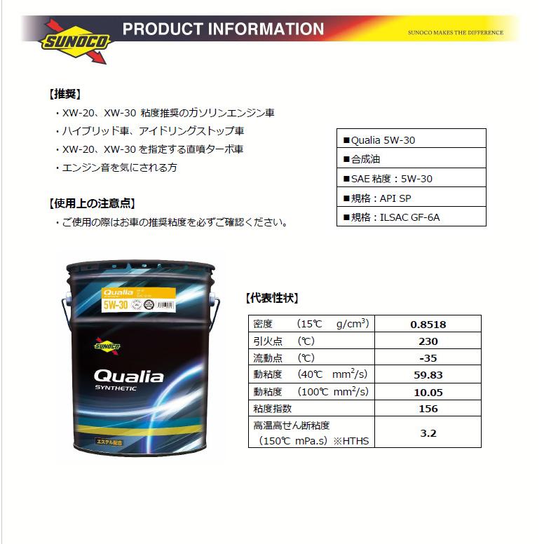 日本サン石油 SUNOCO スノコ エンジンオイル QUALIA クオリア 5W-30 SP