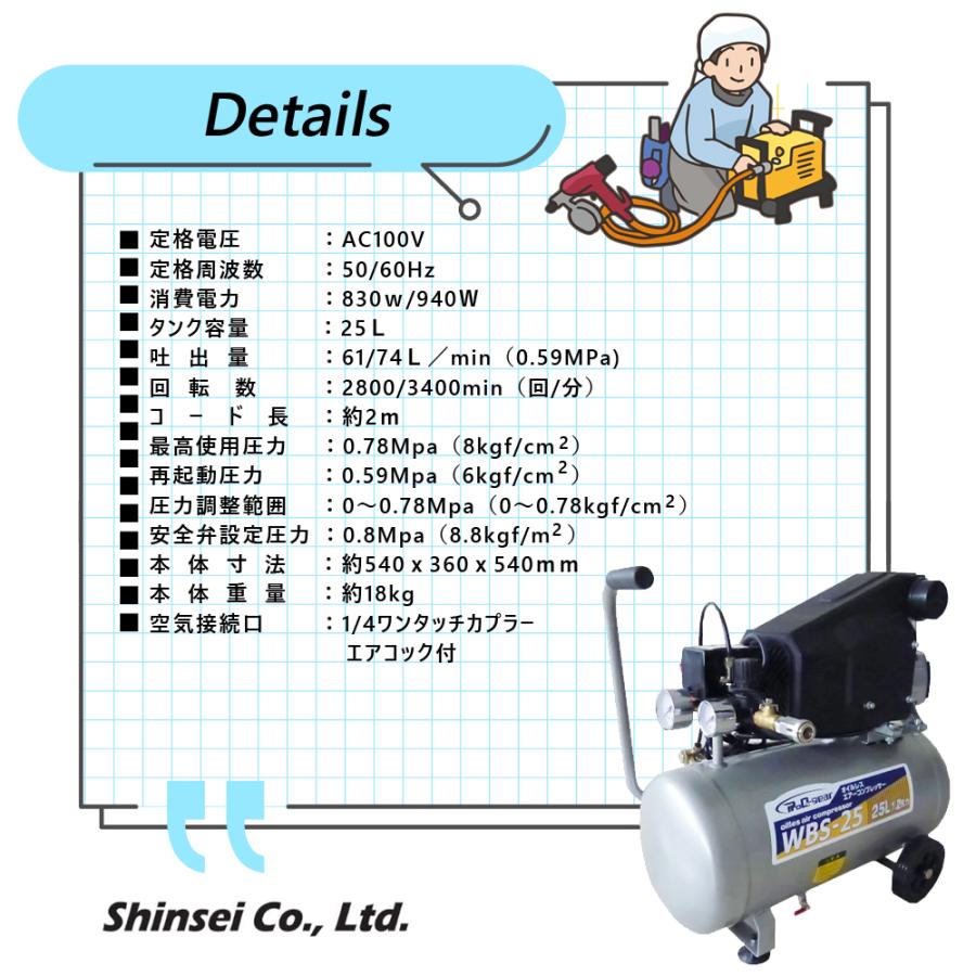 オイルレス コンプレッサー (25L) WBS-25 （個人宅配可） (圧力調整