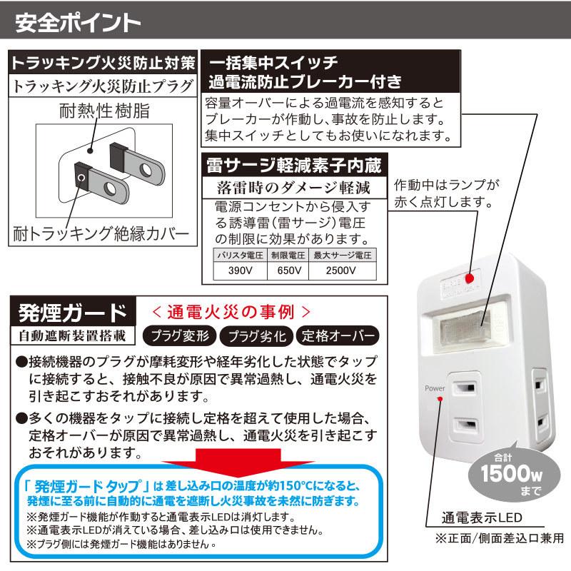 オーム電機 発煙ガードスイッチ付タップ 3個口00-5183 HS-TMP3HS3-W[電源タップ・延長コード:発煙ガードタップ]｜hc7｜03