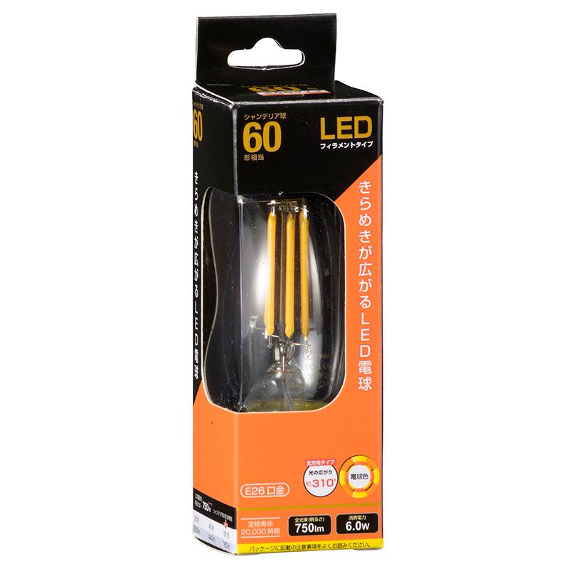 オーム電機 LED電球 フィラメント シャンデリア形 E26 60形相当06-3470 LDC6L C6[LED電球・直管:LED電球フィラメントタイプ]｜hc7
