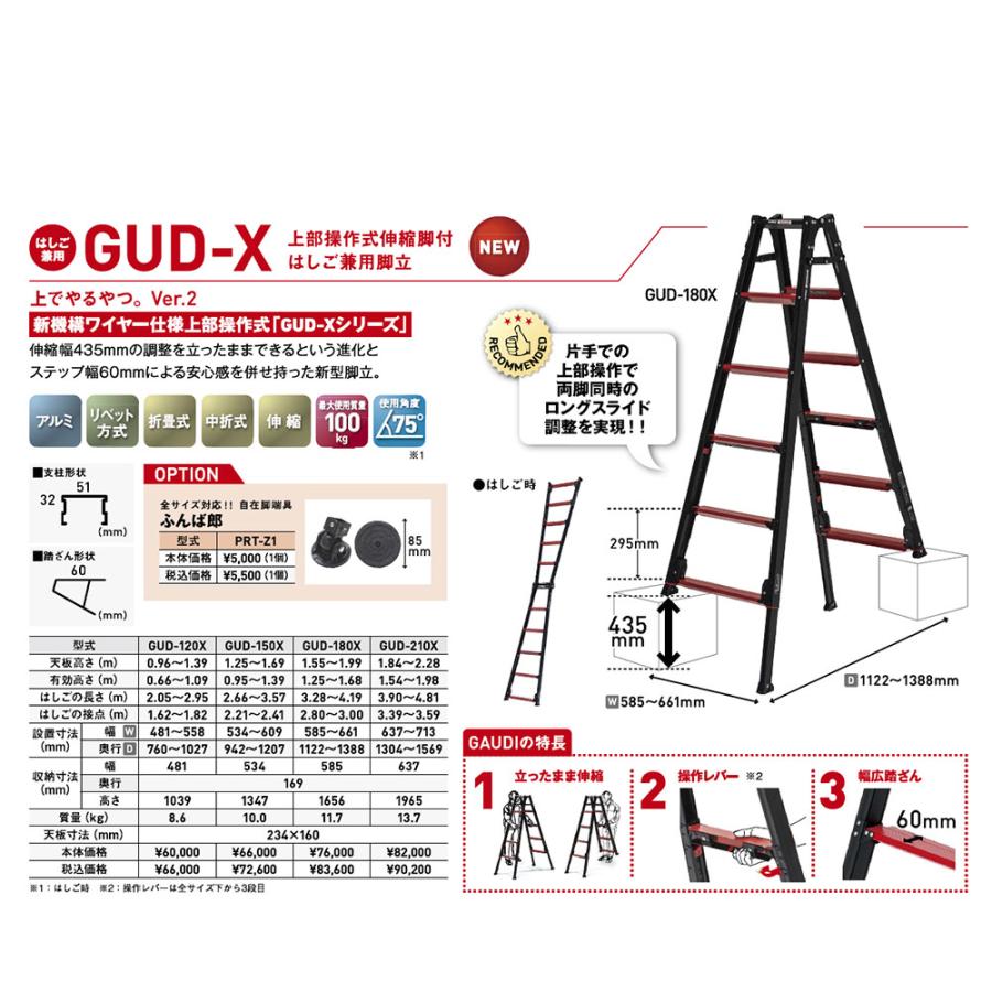 （メーカー直送）アルインコ 上部操作型 伸縮脚付きはしご兼用脚立 120cm GUD-120X_3