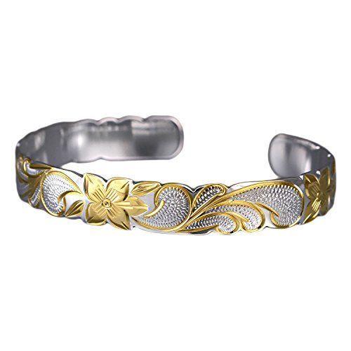 激安超安値 カットアウト スクロール プルメリア 2トーン ハワイアンジュエリー レイラニ シルバー イエローゴー 幅10mm シルバー925 バングル レディースアクセサリー Meorboston Org