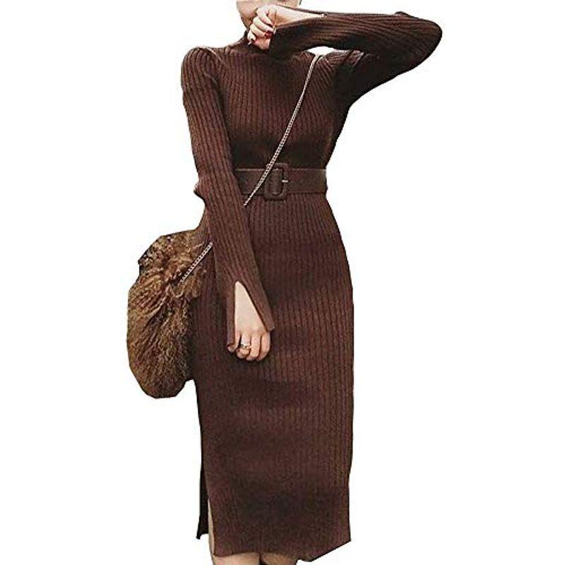 セカンドルーツ ハイネック ベルト 付き リブ ニット 国内送料無料 ワンピース ミディアム 長い ミモレ丈 長袖 丈 ながそで 長そで リブニット