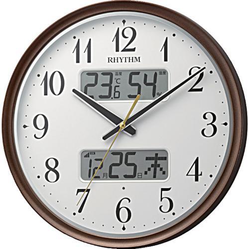■RHYTHM 電波 壁掛け時計(アナログ表示) 温湿度計付き カレンダー付 暗所自動点灯機能付き 連続秒針 ブラウン Φ344×52mm【1613041:0】[店頭受取不可]の画像