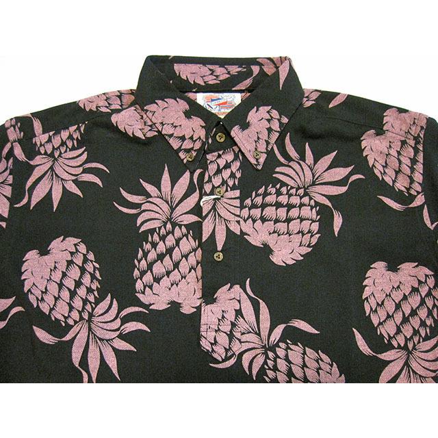SUN SURF サンサーフ  半袖ポロシャツ  パイナップル  総柄  L 黒 SUN SURF SURF（サンサーフ） 半袖 レーヨン ハワイアンシャツ