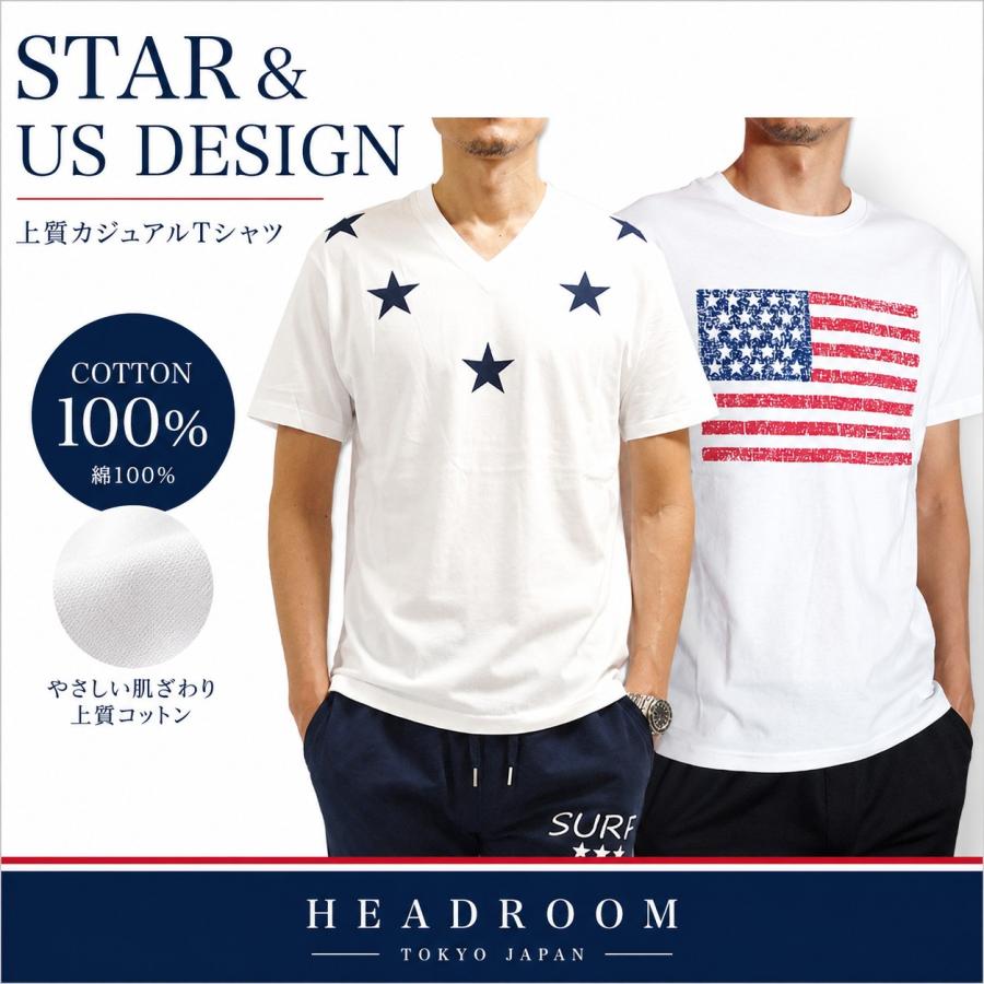 Tシャツ メンズ 綿100％ 半袖 Vネック クルーネック 星柄 星条旗