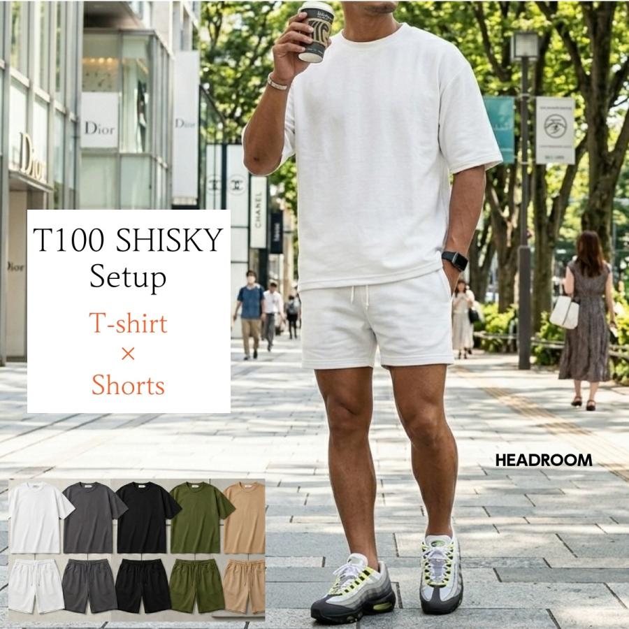 セットアップ メンズ 夏 上下セット 半袖Tシャツ ショートパンツ T100 SHISKY 速乾 ポリエステル ビッグシルエット 膝上 短パン 無地 通気性 ルームウェア | 