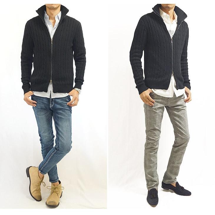 カーディガン メンズ ケーブル編 フルジップ コットン スタンドネック リブ ニット セーター |  | 11