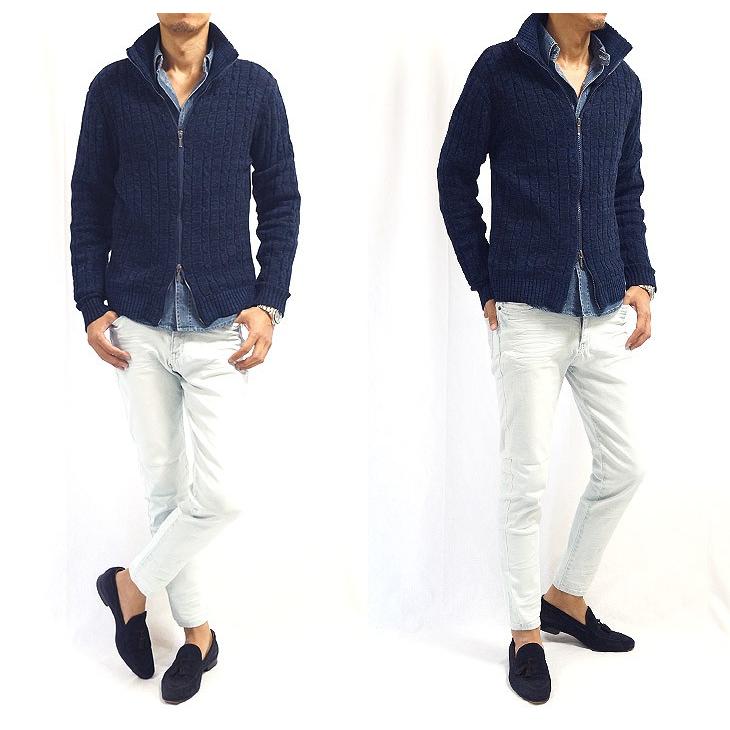 カーディガン メンズ ケーブル編 フルジップ コットン スタンドネック リブ ニット セーター |  | 18