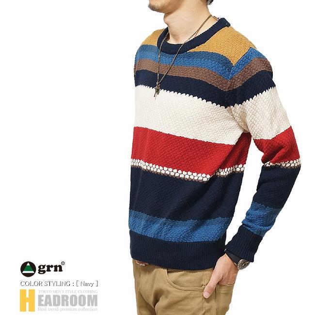 grn ニットセーター クルーネック メンズ マルチカラー パネル