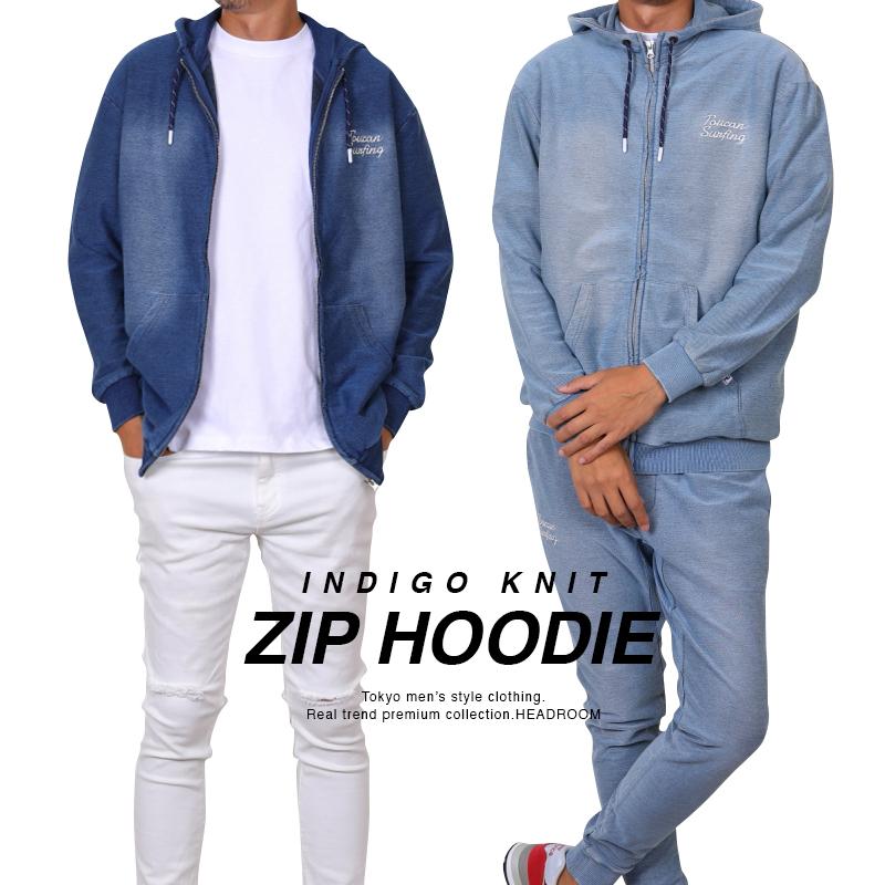 パーカー メンズ フルZIP ブラスト仕上げ デニムカラー 伸縮ストレッチ