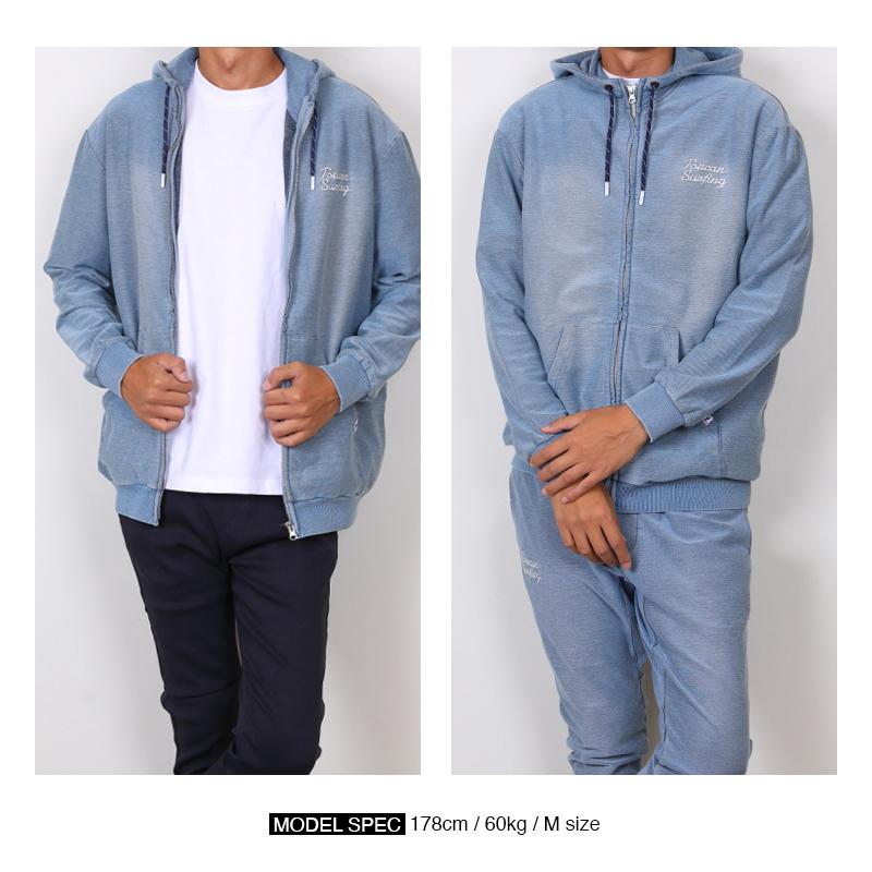パーカー メンズ フルZIP ブラスト仕上げ デニムカラー 伸縮ストレッチ