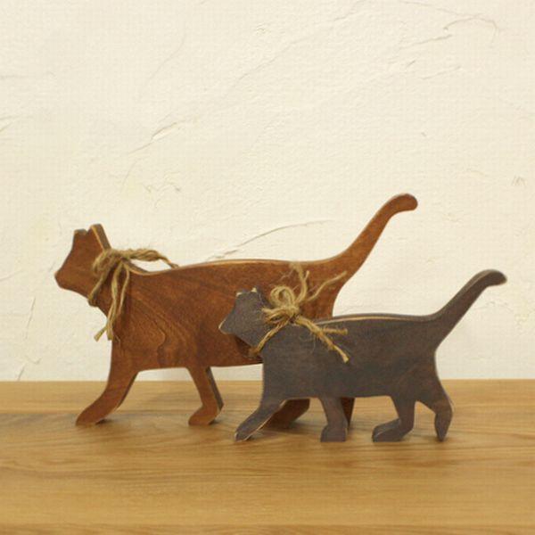 キャット シルエット Lサイズ 木製 (全3色) 猫置物 猫 置物