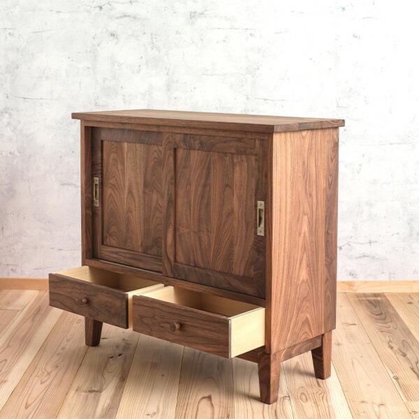 手作り木製収納キャビネット キャビネット ローキャビネット 幅80cm 引き戸 ウォルナット材