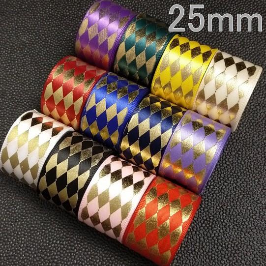 ダイヤ柄 箔押し サテンリボン ゴールド 25mm : Heart&Dream ダイヤ柄 箔押し サテンリボン ゴールド 25mm : Heart&Dream