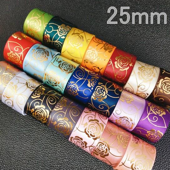 ローズ柄 薔薇 バラ 箔押し サテンリボン ゴールド 25mm ローズ柄 薔薇 バラ 箔押し サテンリボン ゴールド 25mm