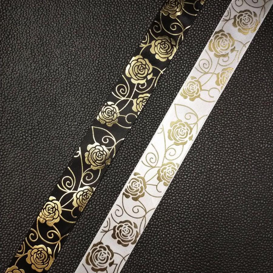 ローズ柄 薔薇 バラ 箔押し サテンリボン ゴールド 25mm ローズ柄 薔薇 バラ 箔押し サテンリボン ゴールド 25mm