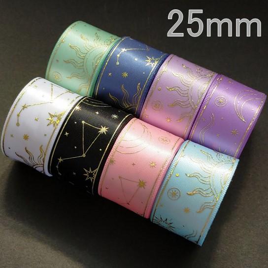 天体柄 ホロ入り箔押し サテンリボン ゴールド 25mm : Heart&Dream