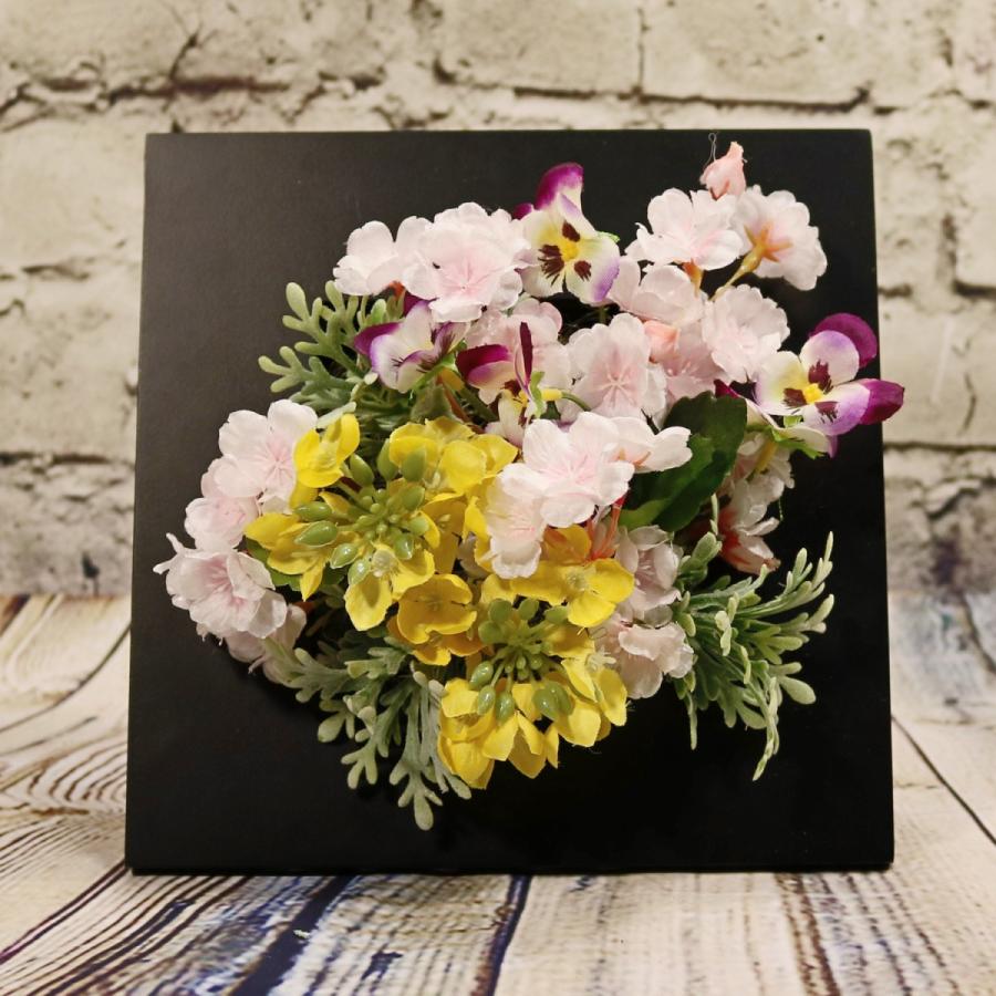 桜 菜の花 ビオラ 黒フレーム 壁掛け/置型2WAY 縦/横OK アレンジメント アートフラワー アーティフィシャルフラワー 造花 贈り物