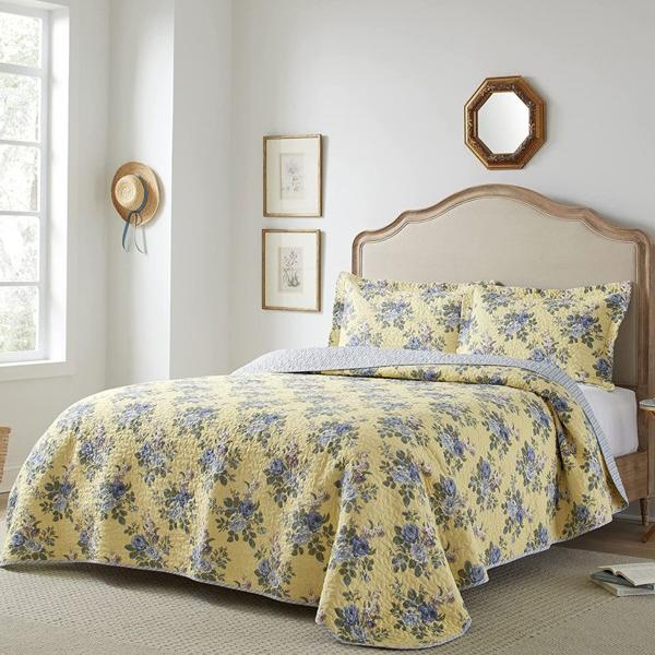 【キング】 Laura Ashley ローラ アシュレイ Linley ベッドカバー・セット （ブルー/イエロー） 243×264cm ベッド