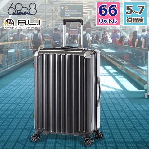 アジア・ラゲージ ハードキャリーケース 手荷物預け無料サイズ 66L 5〜7泊程度の旅行に最適 カーボンブラック ファスナータイプ ダブルホイールキャスター ALI-6