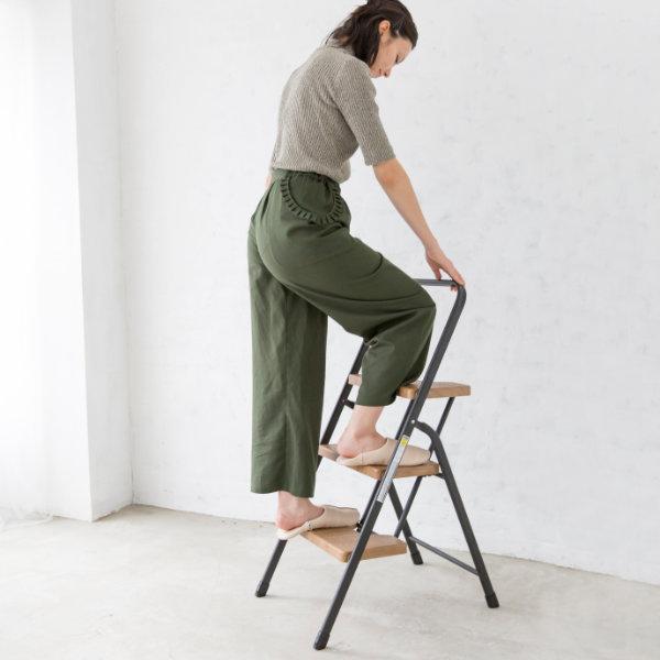 ワンタッチ開閉 折りたたみ フォールディングステップ 3段 オーク 木目
