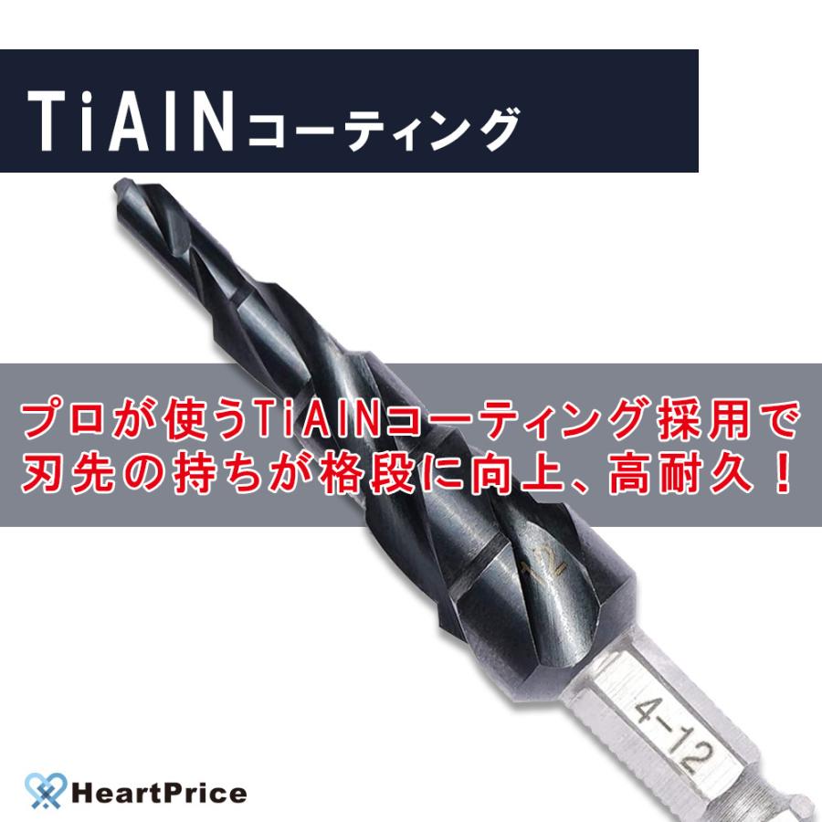 切削油付】3枚刃 ステップドリル ステンレス用 4-12mm/5段 六角軸 ドリルビット 穴あけ ビットセット TiAlNセラミックコーティング 送料無料 :steptiain-4-12:HeartPrice - 通販 - Yahoo!ショッピング 切削油付】3枚刃 ステップドリル ステンレス用 4-12mm/5段 六角軸 ドリルビット 穴あけ ビットセット TiAlNセラミックコーティング 送料無料 :steptiain-4-12:HeartPrice - 通販 - Yahoo!ショッピング