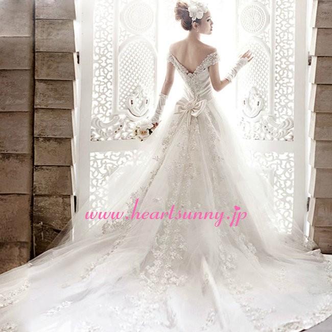 ウェディングドレス Vネックレースオフショルダー ロングトレーン  