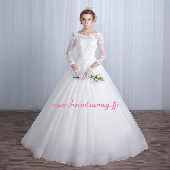 7〜11号Aライン　ウェディングドレス ウェディングドレス 透明感レース七分袖 ベアバック 編み上げ B132