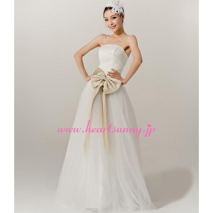 ウェディングドレス スパンコールビスチェ 蝶結び付きシャンペンゴールドベルト オーガンジー E022