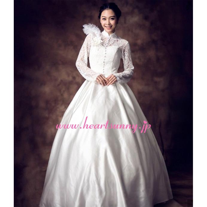 ウェディングドレス 羽飾り 透明感レース ハイネック 長袖 E084