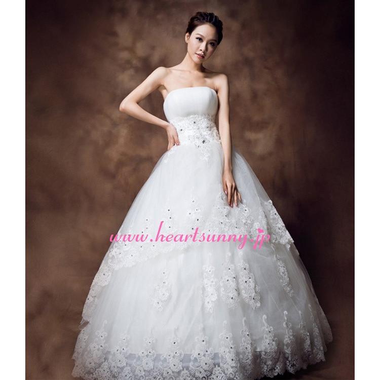 ウェディングドレス 折り目ビスチェ スッキリウェストライン ティアードビーズ飾り花柄レース E091