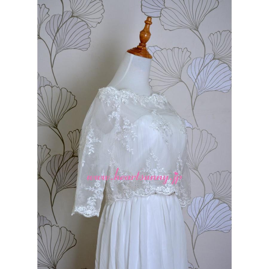 結婚式ボレロ ボートネック7分袖 透明花柄レース 後ろファスナー P011