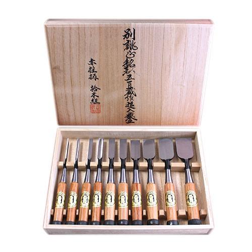 播州三木 五百蔵鑿 追入のみ 赤樫柄 10本組 桐箱入 一枚裏 普通 播州三木 五百蔵鑿 追入のみ 赤樫柄 10本組 桐箱入 一枚裏 普通