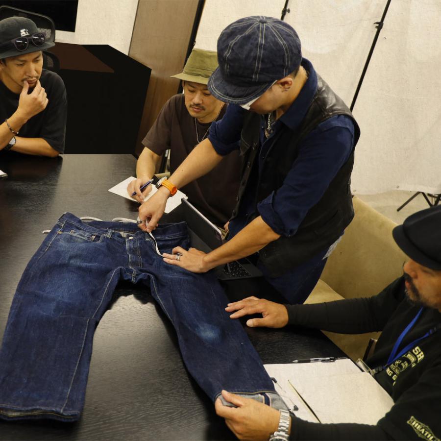 EVISU 日本製 赤耳 セルビッチ デニム 34×35 メンズ ストレート 9001赤耳セルビッジワイドデニムパンツ イエローペンキステッチ メンズ