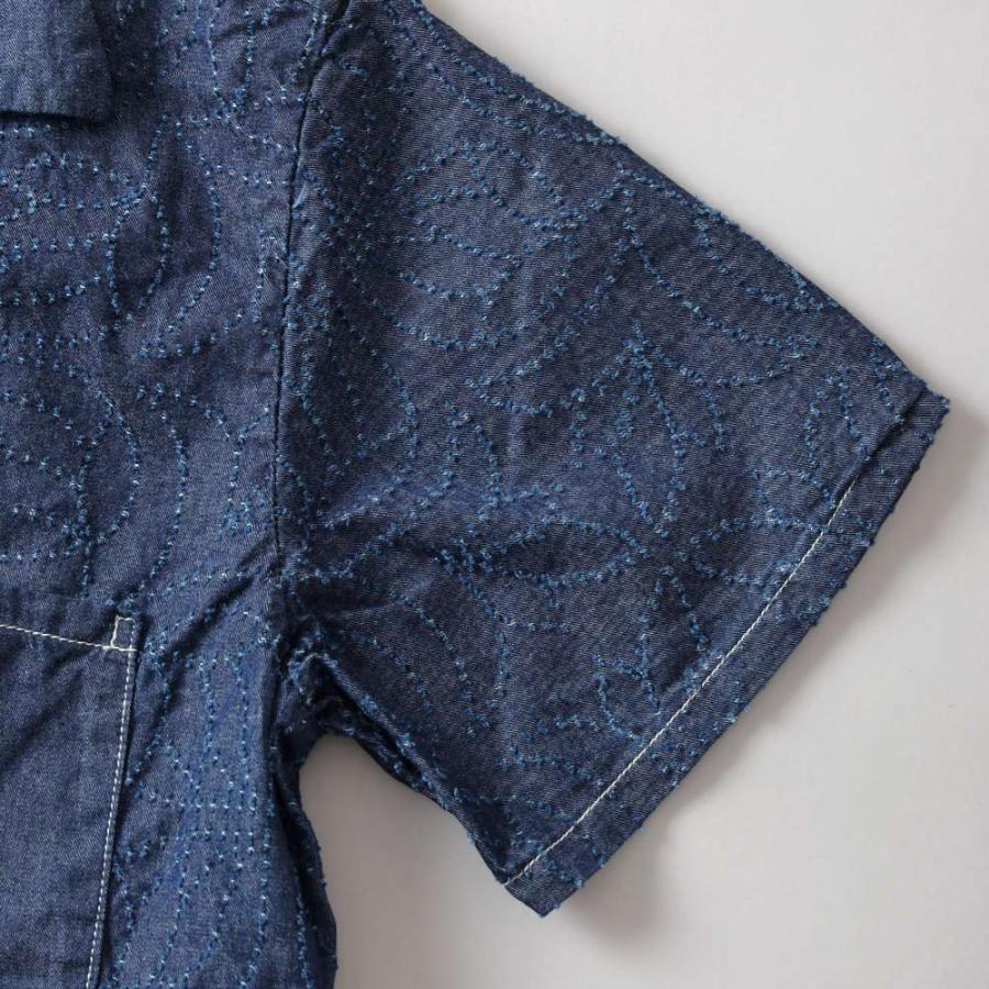 graphzero グラフゼロ デニムアロハシャツ 草花刺繍 ワラカット コットン100% メンズ 半袖 開襟シャツ 日本製 チェーンステッチ ボックスシルエット GZ-AROHA 夏の画像