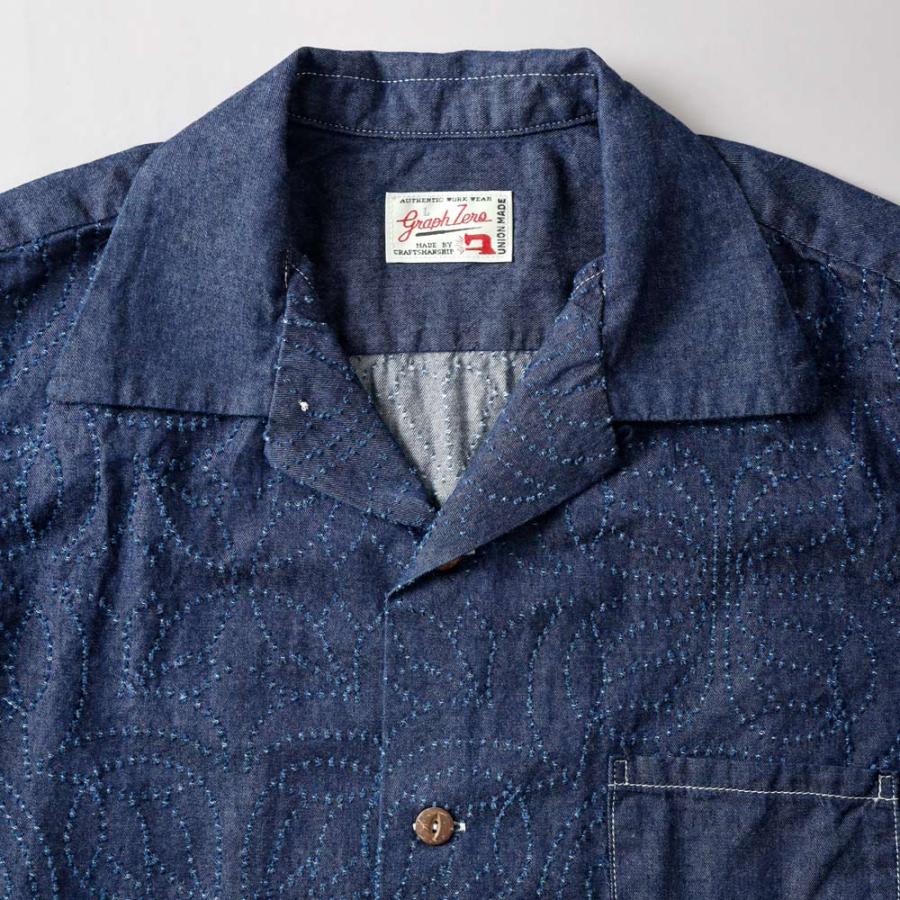graphzero グラフゼロ デニムアロハシャツ 草花刺繍 ワラカット コットン100% メンズ 半袖 開襟シャツ 日本製 チェーンステッチ ボックスシルエット GZ-AROHA 夏の画像