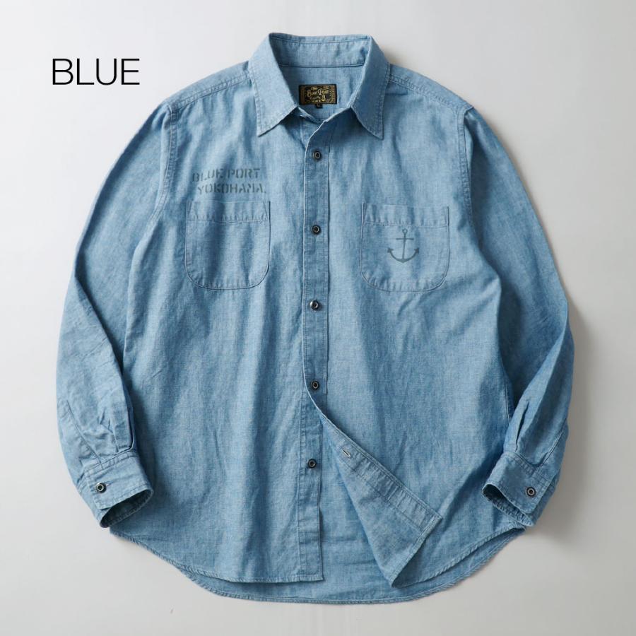 BLUE PORT シャンブレー プリントシャツ メンズ ワークシャツ 長袖