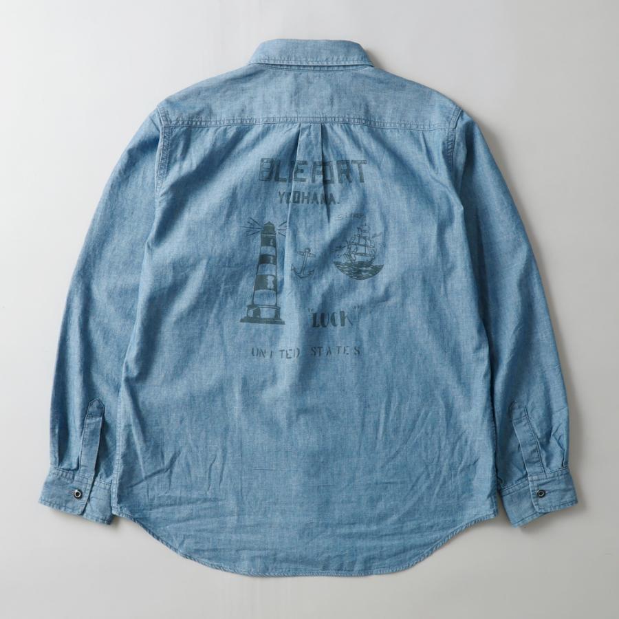BLUE PORT シャンブレー プリントシャツ メンズ ワークシャツ 長袖