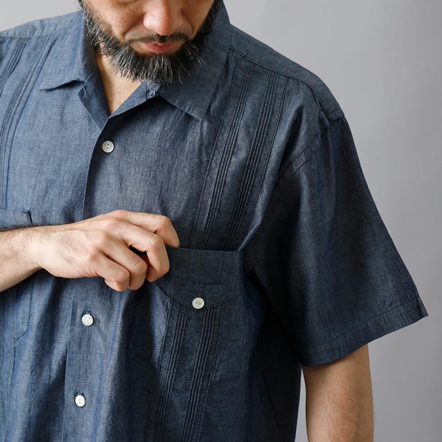 シャンブレーシャツ メンズ 半袖シャツ 開襟シャツ オープンカラー