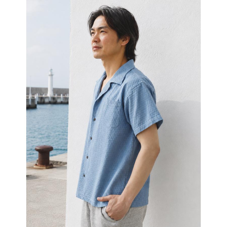 BLUE PORT デニムシャツ メンズ 半袖 変わり織 インディゴ オープン