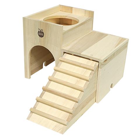 マルカン うさちゃんの2階でごはん/ハウス 寝床 天然木 食器 エサ入れ