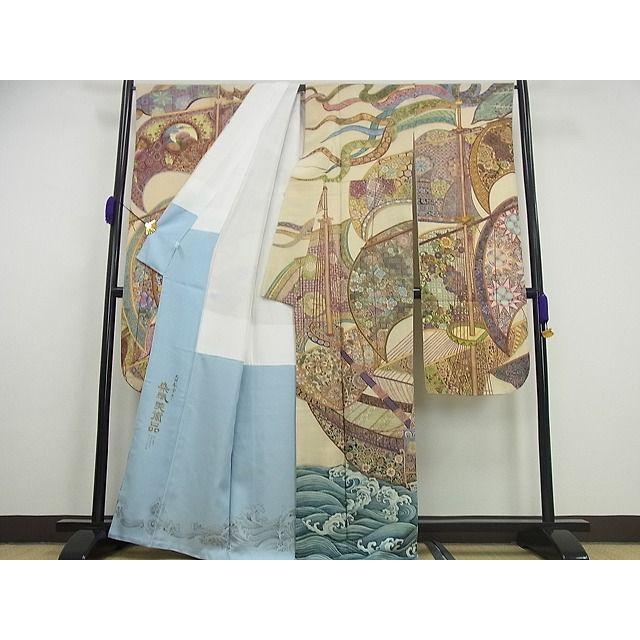 平和屋本店■極上　初代　染人・山岡古都　首里琉染　振袖　天神船宝尽し　鬼しぼ縮緬　逸品3s5415_1