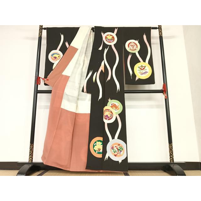 平和屋着物●アンティーク　大正ロマン　小振袖　二尺袖　花蝶丸文　黒地　正絹　逸品　AAAT0533zg 平和屋着物○アンティーク 大正ロマン 小振袖 二尺袖 花蝶丸文 黒地