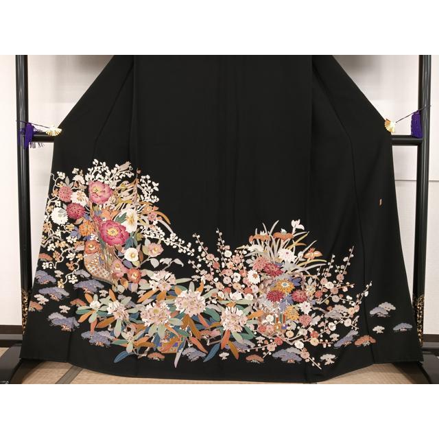 平和屋着物○本加賀友禅作家 百貫華峰 黒留袖 花陶器文 正絹 逸品