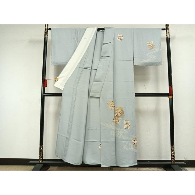 平和屋着物▽訪問着　単衣　駒刺繍　流水色紙草花文　金彩　正絹　逸品　未使用　AAAU8595fy 平和屋着物▽訪問着 単衣 駒刺繍 流水色紙草花文 金彩 正絹 逸品 未