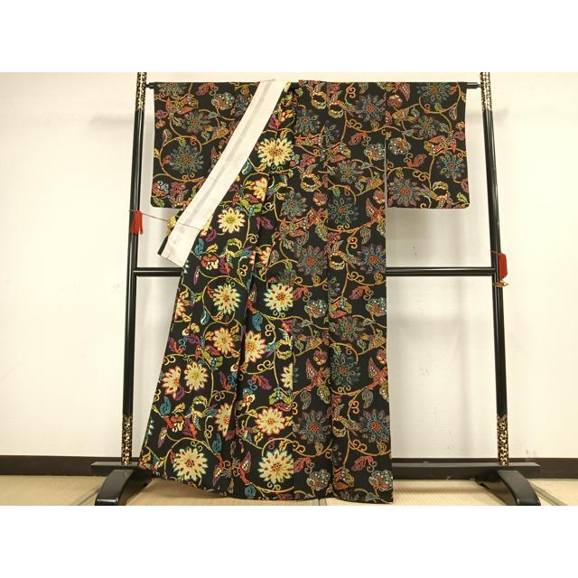 平和屋着物▽上質な小紋 単衣 型染め 花鳥文 黒地 正絹 逸品