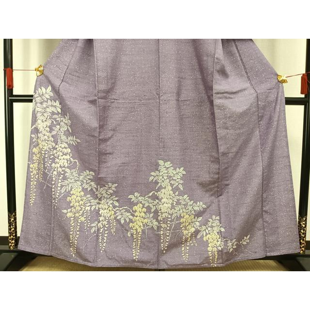 平和屋着物●訪問着　紬地　草花文　正絹　逸品　AABF0446fy 平和屋着物▽訪問着 単衣 紬地 型染め 藤花房 正絹 逸品 AAAW1370fy