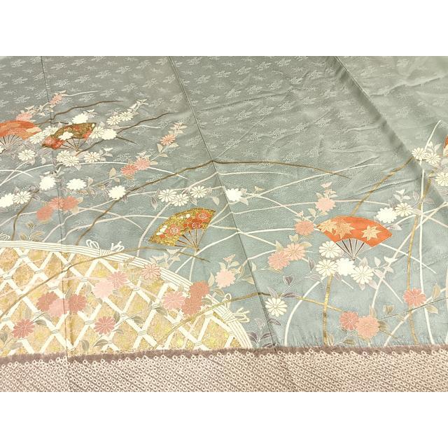 平和屋着物▽訪問着　単衣　駒刺繍　絞り　扇面花文　金彩　正絹　逸品　AAAW1406fy 平和屋着物▽訪問着 単衣 駒刺繍 絞り 扇面花文 金彩 正絹 逸品