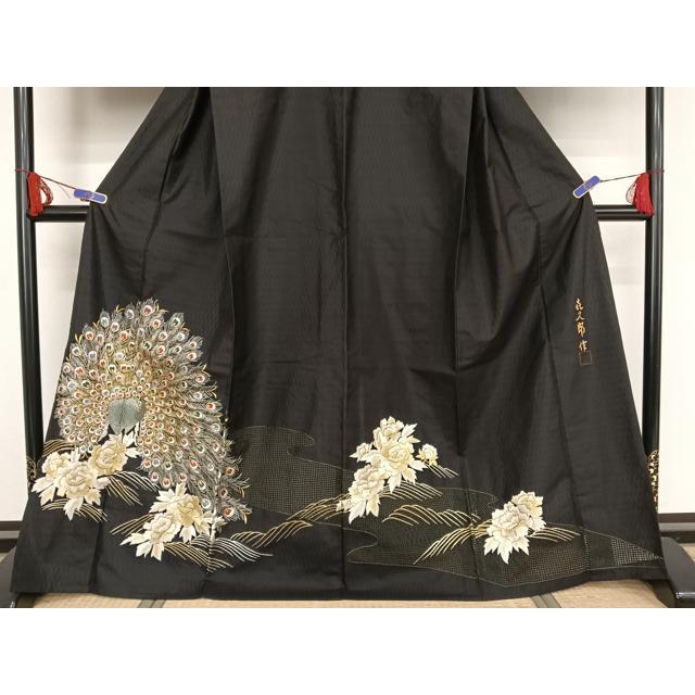 平和屋着物▽総刺繍 単衣 黒留袖 中国三大刺繍 汕頭刺繍